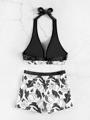Women's High Waist Boxer Tie Printed Solid Color Panel Bikini - 808Lush