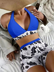Women's High Waist Boxer Tie Printed Solid Color Panel Bikini - 808Lush