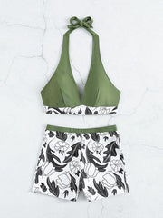 Women's High Waist Boxer Tie Printed Solid Color Panel Bikini - 808Lush