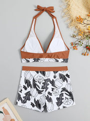 Women's High Waist Boxer Tie Printed Solid Color Panel Bikini - 808Lush