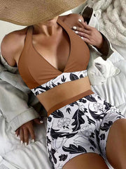 Women's High Waist Boxer Tie Printed Solid Color Panel Bikini - 808Lush