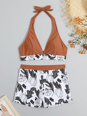 Women's High Waist Boxer Tie Printed Solid Color Panel Bikini - 808Lush
