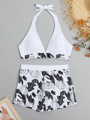 Women's High Waist Boxer Tie Printed Solid Color Panel Bikini - 808Lush