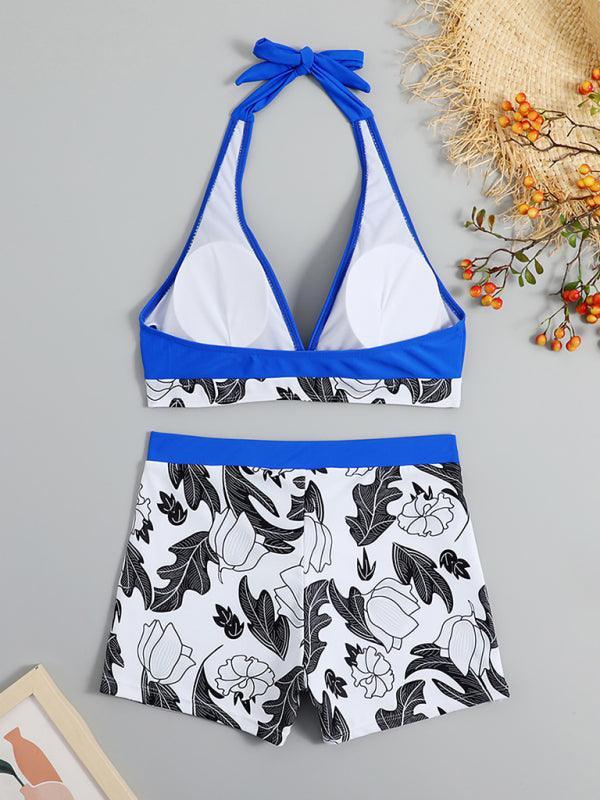 Women's High Waist Boxer Tie Printed Solid Color Panel Bikini - 808Lush