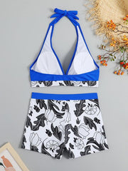 Women's High Waist Boxer Tie Printed Solid Color Panel Bikini - 808Lush