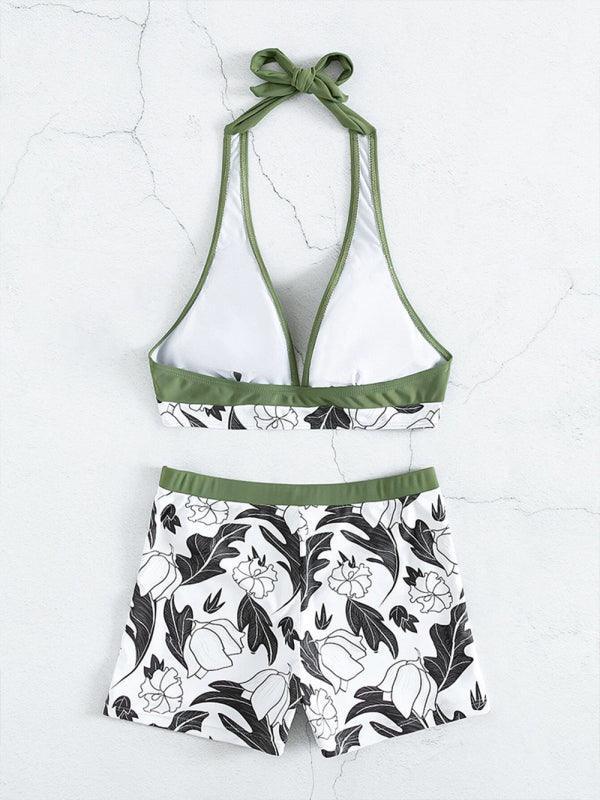 Women's High Waist Boxer Tie Printed Solid Color Panel Bikini - 808Lush