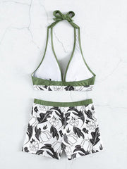 Women's High Waist Boxer Tie Printed Solid Color Panel Bikini - 808Lush