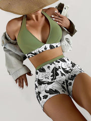 Women's High Waist Boxer Tie Printed Solid Color Panel Bikini - 808Lush