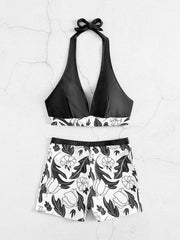 Women's High Waist Boxer Tie Printed Solid Color Panel Bikini - 808Lush