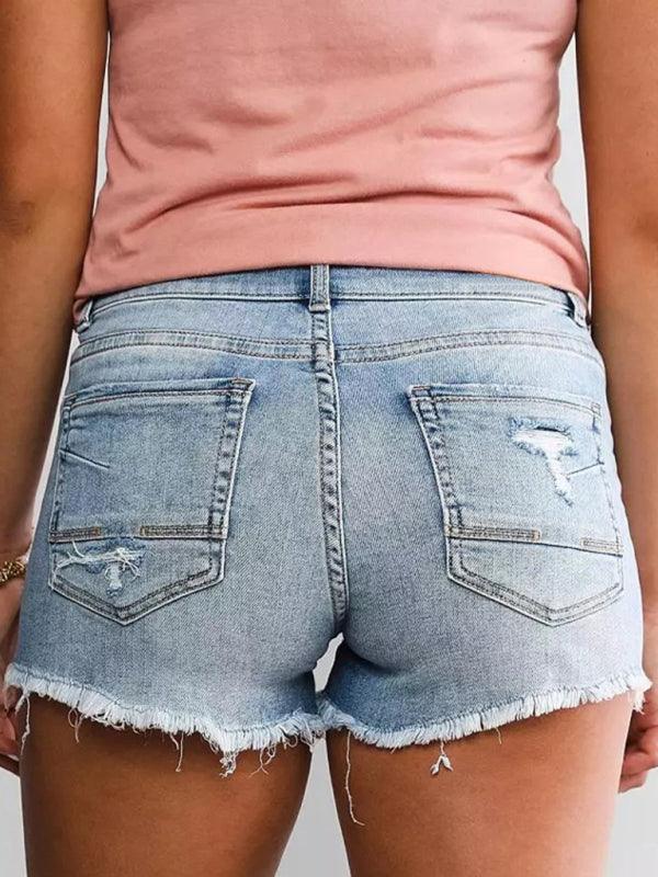 Women's High Waist Two Button Fashion Ripped Denim Shorts - 808Lush