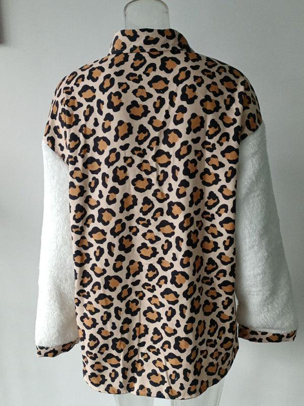 Women's Leopard Plaid Print Plush Stitching Contrast Color Warm Long Sleeve Jacket - 808Lush