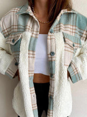 Women's Leopard Plaid Print Plush Stitching Contrast Color Warm Long Sleeve Jacket - 808Lush