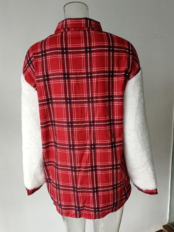 Women's Leopard Plaid Print Plush Stitching Contrast Color Warm Long Sleeve Jacket - 808Lush