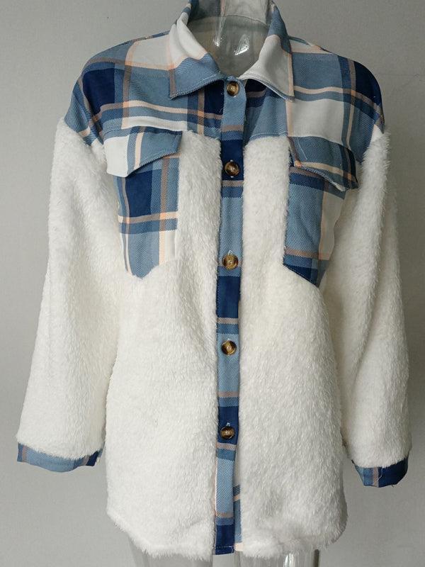 Women's Leopard Plaid Print Plush Stitching Contrast Color Warm Long Sleeve Jacket - 808Lush