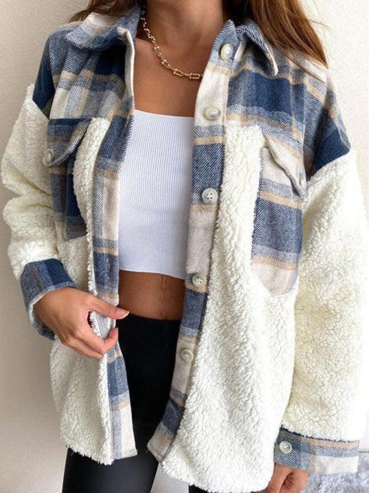 Women's Leopard Plaid Print Plush Stitching Contrast Color Warm Long Sleeve Jacket - 808Lush