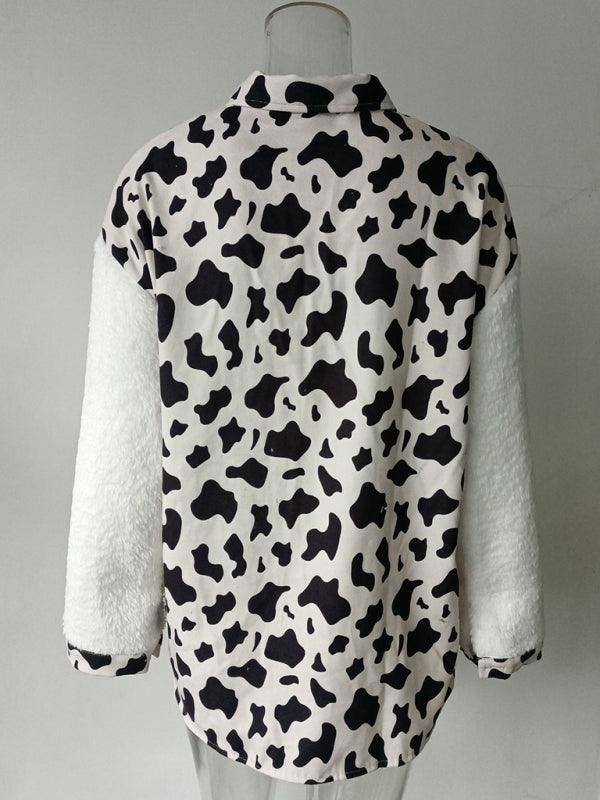 Women's Leopard Plaid Print Plush Stitching Contrast Color Warm Long Sleeve Jacket - 808Lush