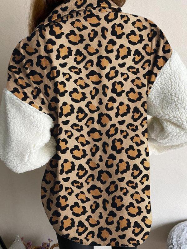 Women's Leopard Plaid Print Plush Stitching Contrast Color Warm Long Sleeve Jacket - 808Lush