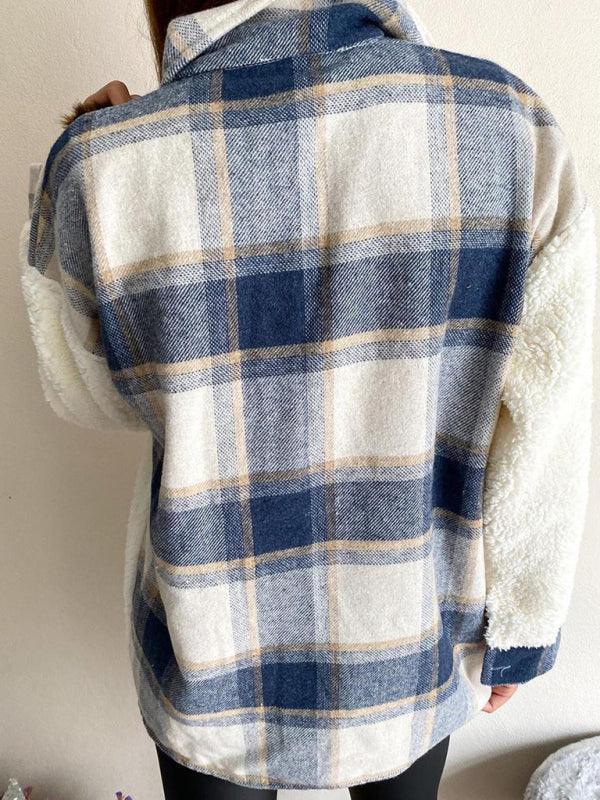 Women's Leopard Plaid Print Plush Stitching Contrast Color Warm Long Sleeve Jacket - 808Lush