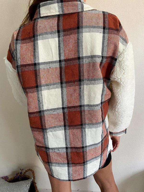 Women's Leopard Plaid Print Plush Stitching Contrast Color Warm Long Sleeve Jacket - 808Lush