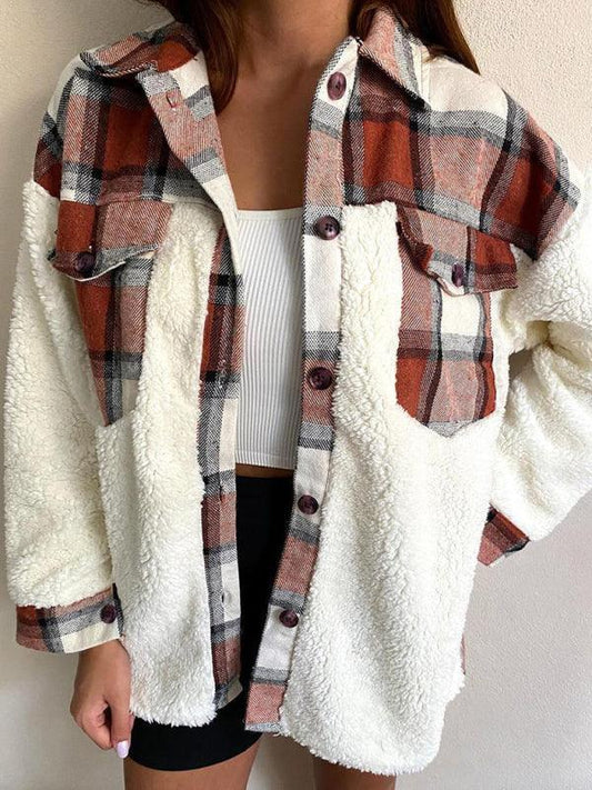 Women's Leopard Plaid Print Plush Stitching Contrast Color Warm Long Sleeve Jacket - 808Lush