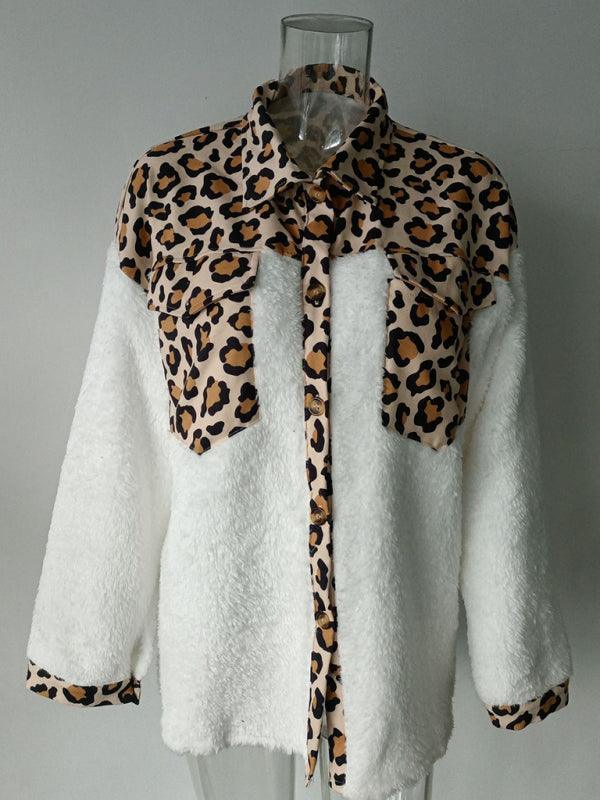 Women's Leopard Plaid Print Plush Stitching Contrast Color Warm Long Sleeve Jacket - 808Lush
