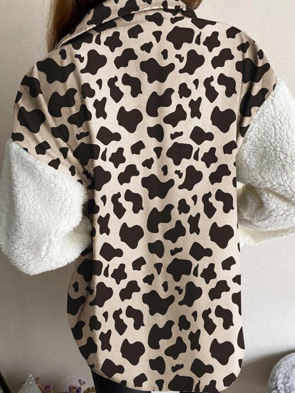 Women's Leopard Plaid Print Plush Stitching Contrast Color Warm Long Sleeve Jacket - 808Lush