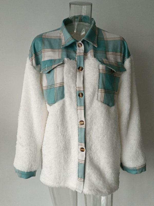 Women's Leopard Plaid Print Plush Stitching Contrast Color Warm Long Sleeve Jacket - 808Lush