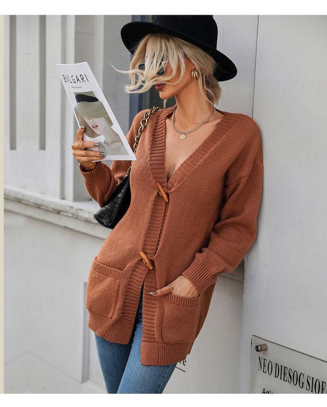 Women's Long Sleeve Solid Color Sweater Cardigan Jacket - 808Lush