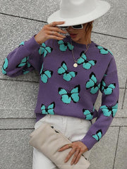 Women's Loose Round Neck Long Sleeve Butterfly Sweater - 808Lush
