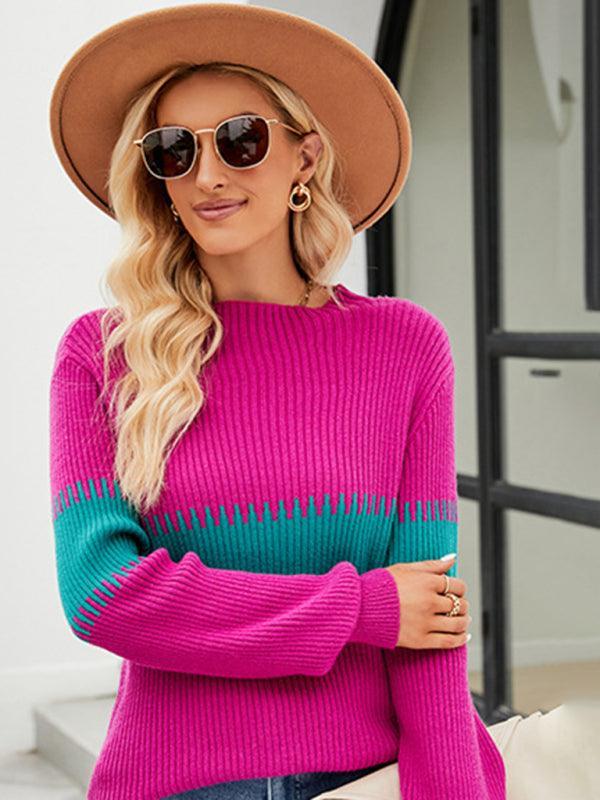 Women's Contrast Color Spliced Turtleneck Sweater - 808Lush