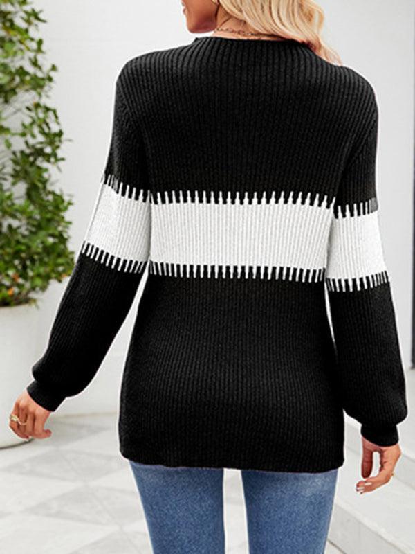 Women's Contrast Color Spliced Turtleneck Sweater - 808Lush