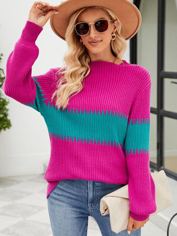Women's Contrast Color Spliced Turtleneck Sweater - 808Lush