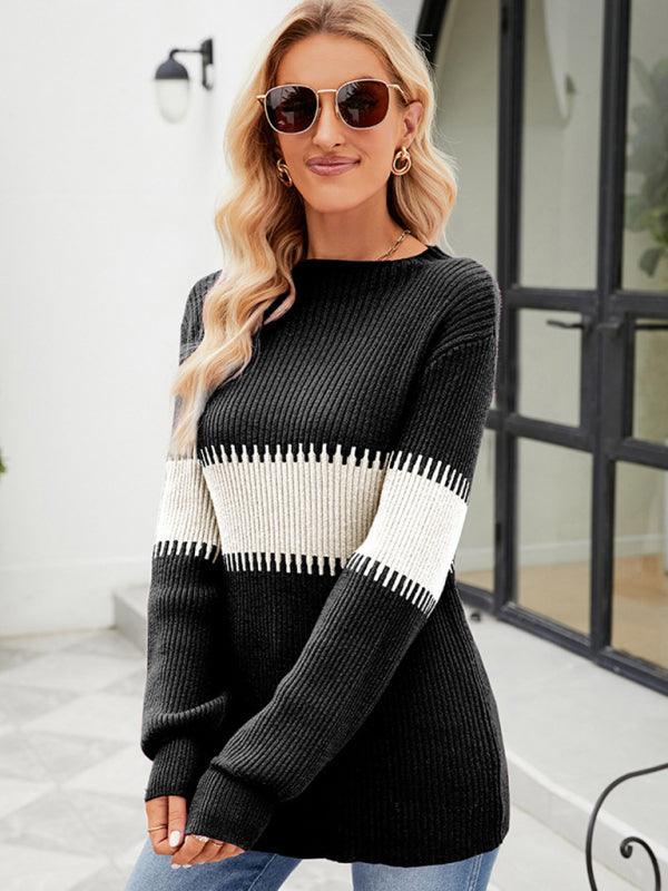 Women's Contrast Color Spliced Turtleneck Sweater - 808Lush