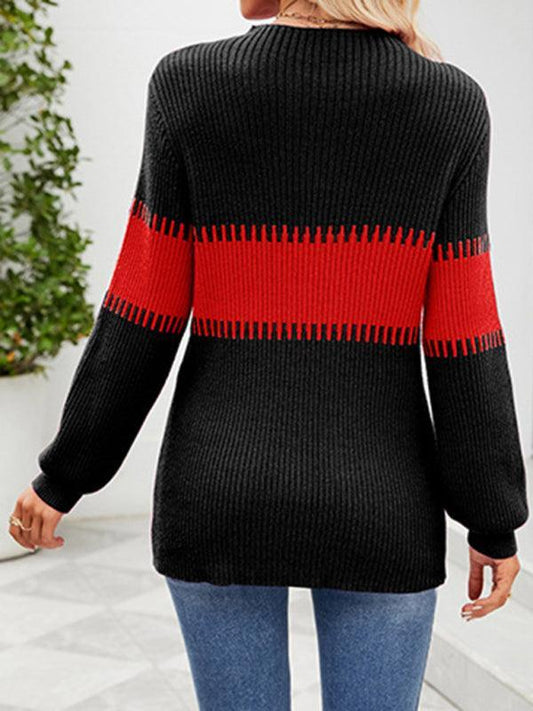 Women's Contrast Color Spliced Turtleneck Sweater - 808Lush