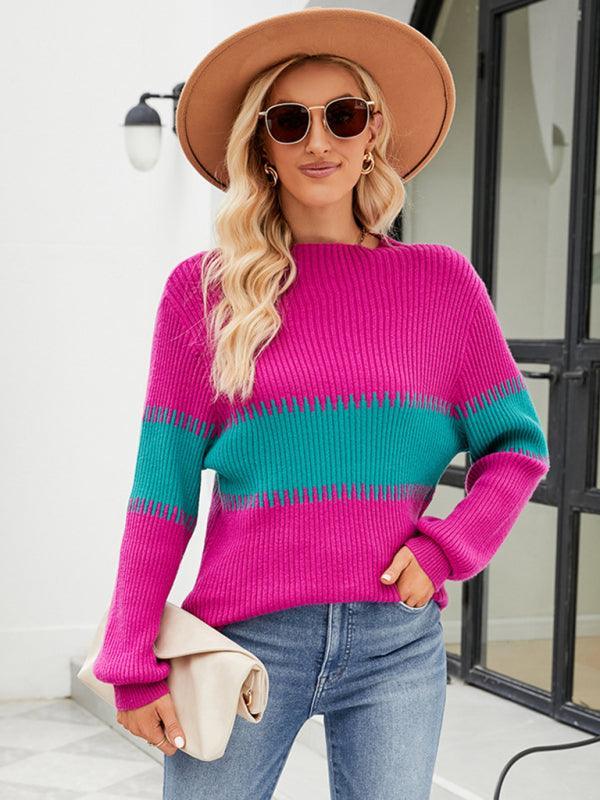 Women's Contrast Color Spliced Turtleneck Sweater - 808Lush
