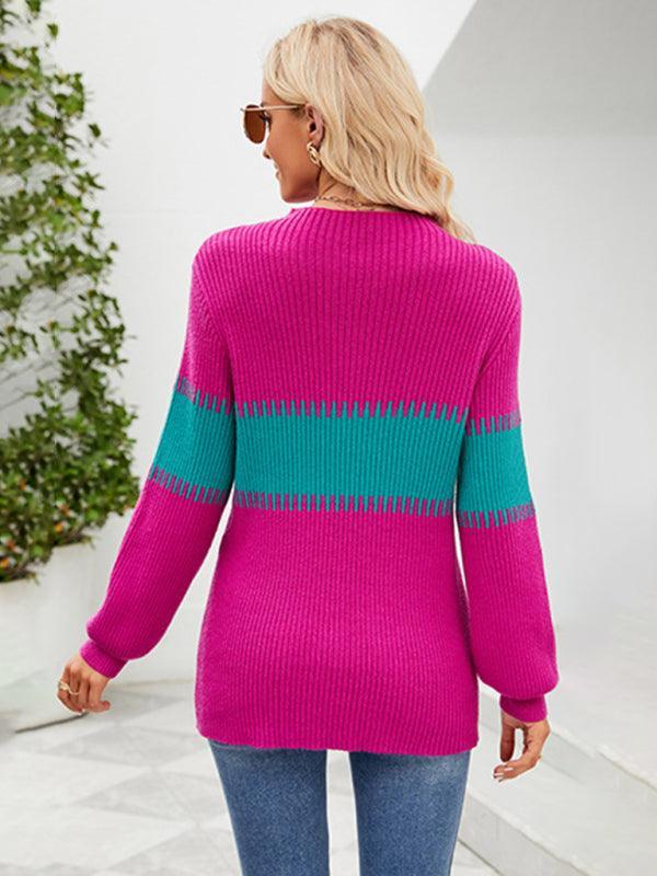 Women's Contrast Color Spliced Turtleneck Sweater - 808Lush