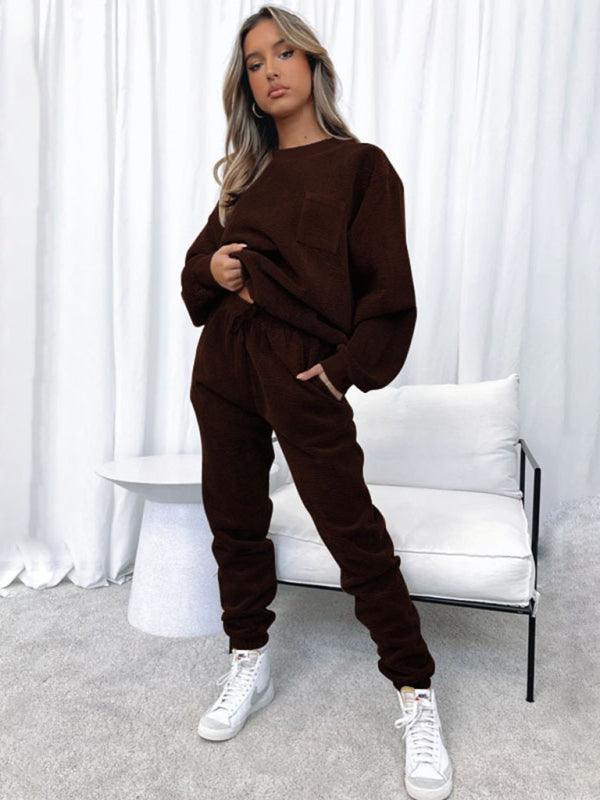 Women's Round Neck Pullover Long Sleeve Pants Two-piece Set - 808Lush