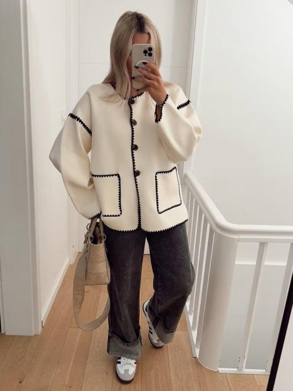 Women's Fashion Button Round Neck Loose Color Block Knitted Jacket - 808Lush