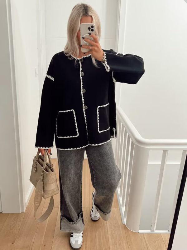 Women's Fashion Button Round Neck Loose Color Block Knitted Jacket - 808Lush