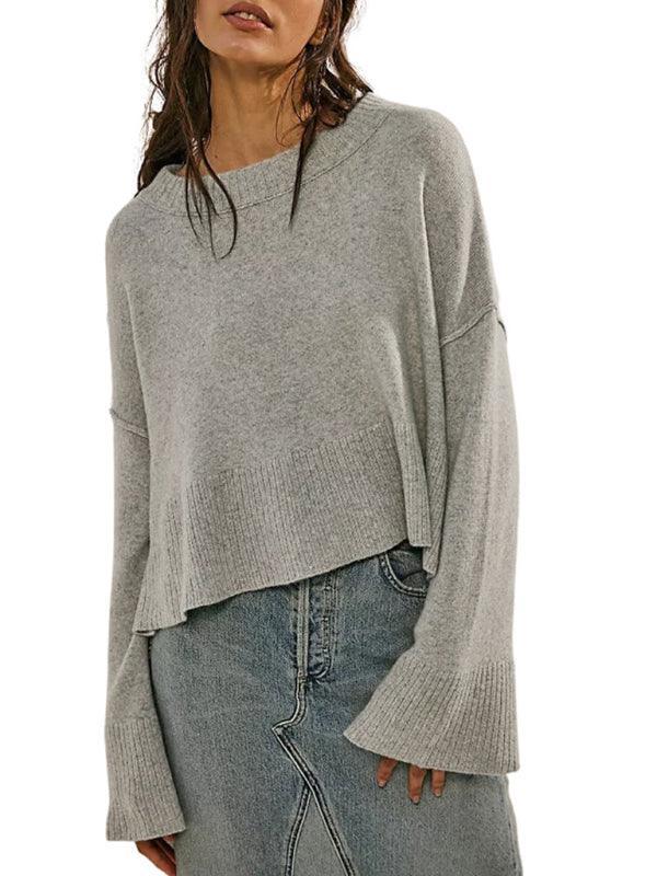 Women's Round Neck Bell Sleeve Pullover Fashion Sweater - 808Lush