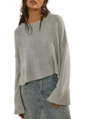Women's Round Neck Bell Sleeve Pullover Fashion Sweater - 808Lush