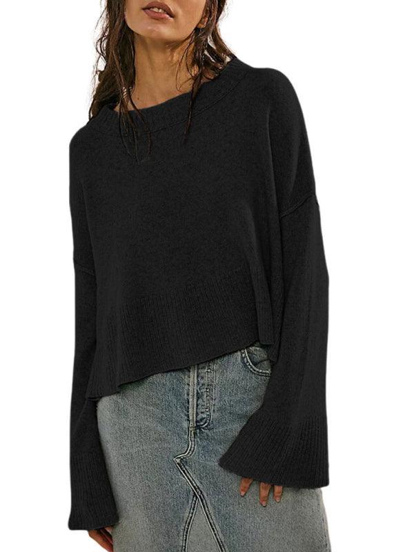Women's Round Neck Bell Sleeve Pullover Fashion Sweater - 808Lush