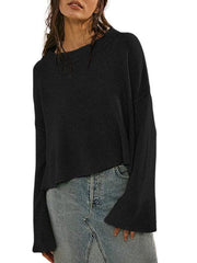 Women's Round Neck Bell Sleeve Pullover Fashion Sweater - 808Lush