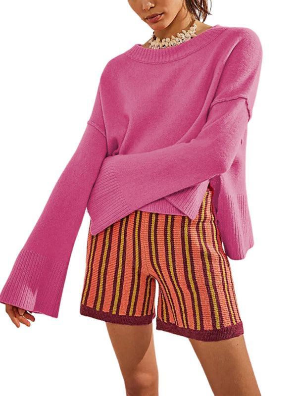 Women's Round Neck Bell Sleeve Pullover Fashion Sweater - 808Lush