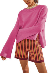 Women's Round Neck Bell Sleeve Pullover Fashion Sweater - 808Lush