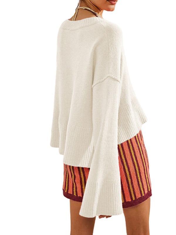 Women's Round Neck Bell Sleeve Pullover Fashion Sweater - 808Lush