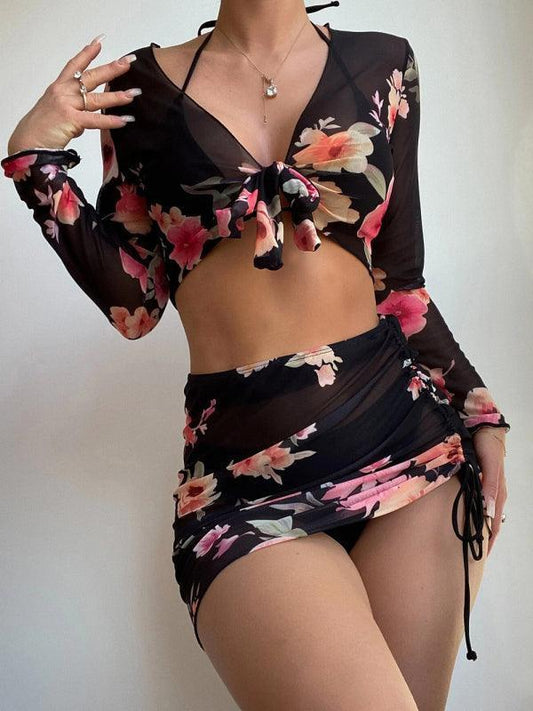 3 Piece Bikini Set Drawstring Long-Sleeve - 808Lush