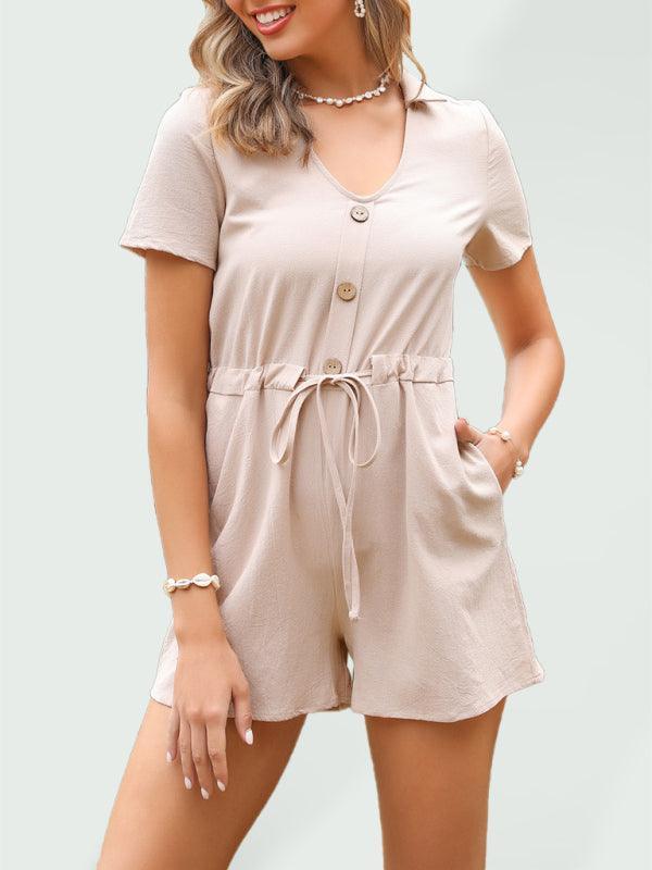 Women's Round Neck Short Solid Color Lapel Lapel Short Sleeve Romper - 808Lush