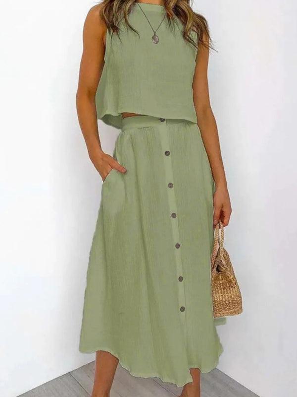 Women's Round Neck Tank Mid-length Breasted Two-Piece Dress - 808Lush