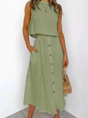 Women's Round Neck Tank Mid-length Breasted Two-Piece Dress - 808Lush